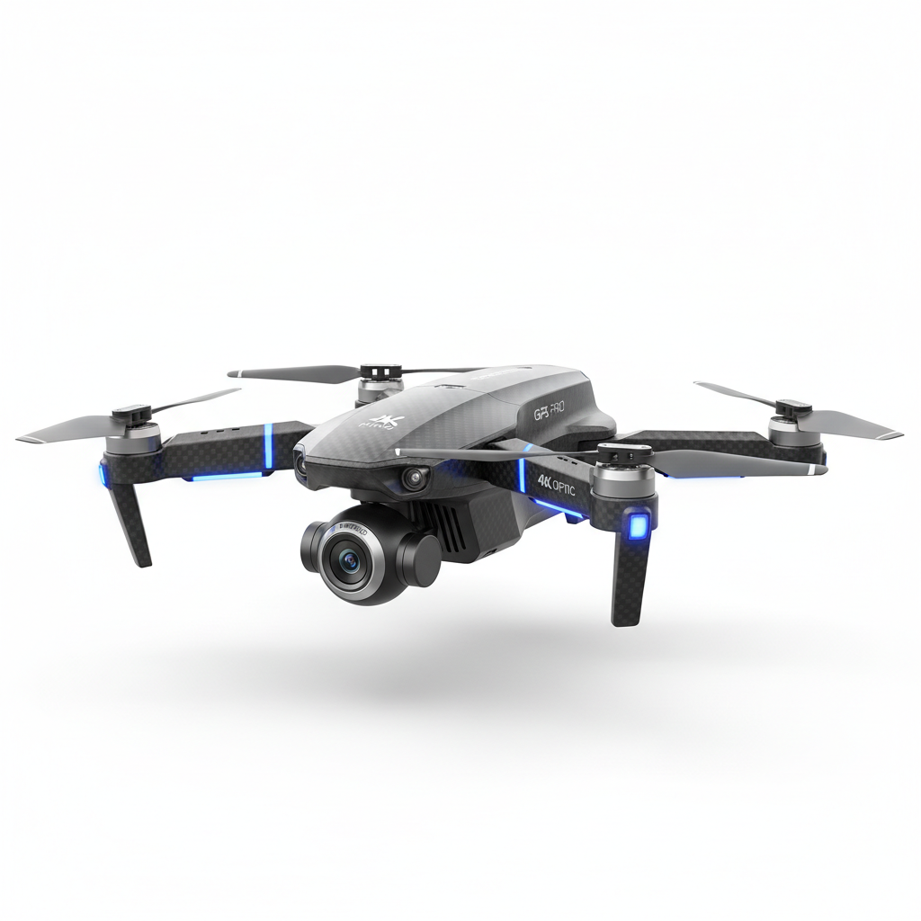 4K GPS Drone hovering against white background