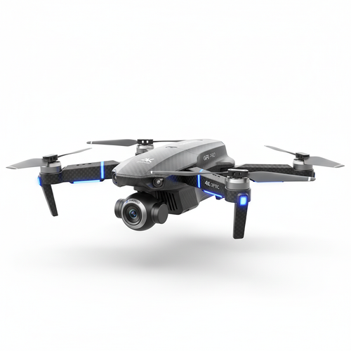 4K GPS Drone hovering against white background