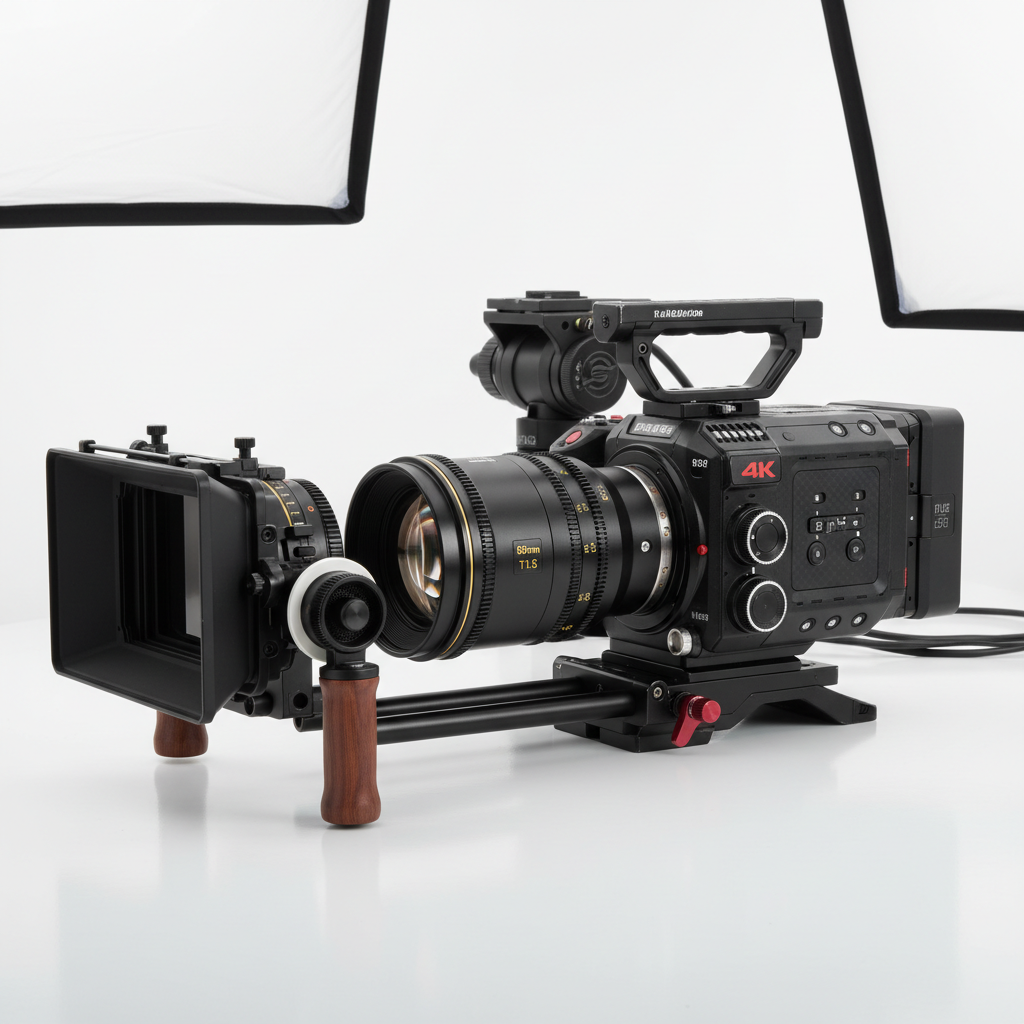 High-end 4K video camera with lens on white background