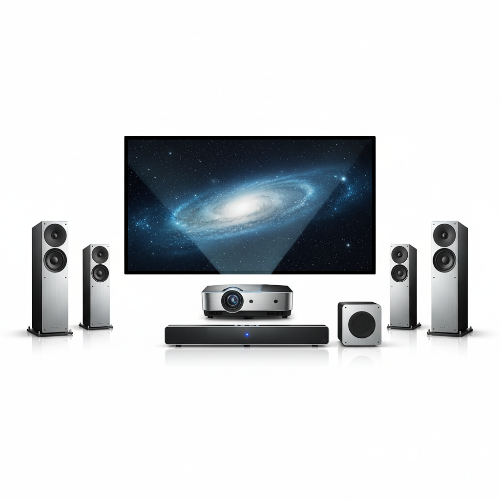 Premium home cinema projector and surround sound system on white background