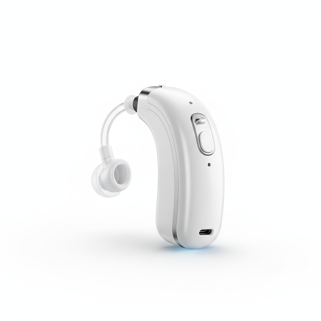 Modern sleek hearing aid device on white background