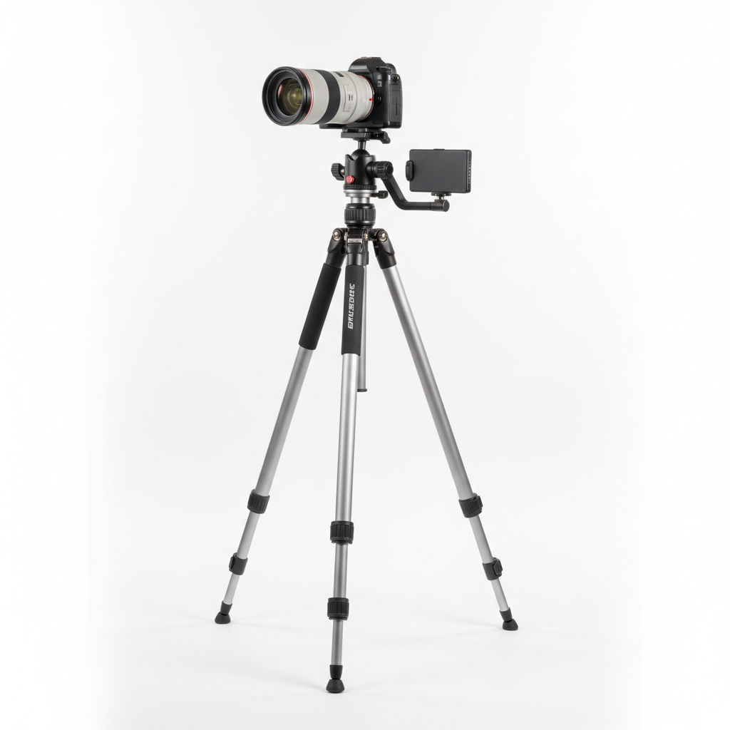 Premium aluminum camera tripod fully extended on white background