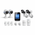 Modern home security system kit with cameras and control panel on white background