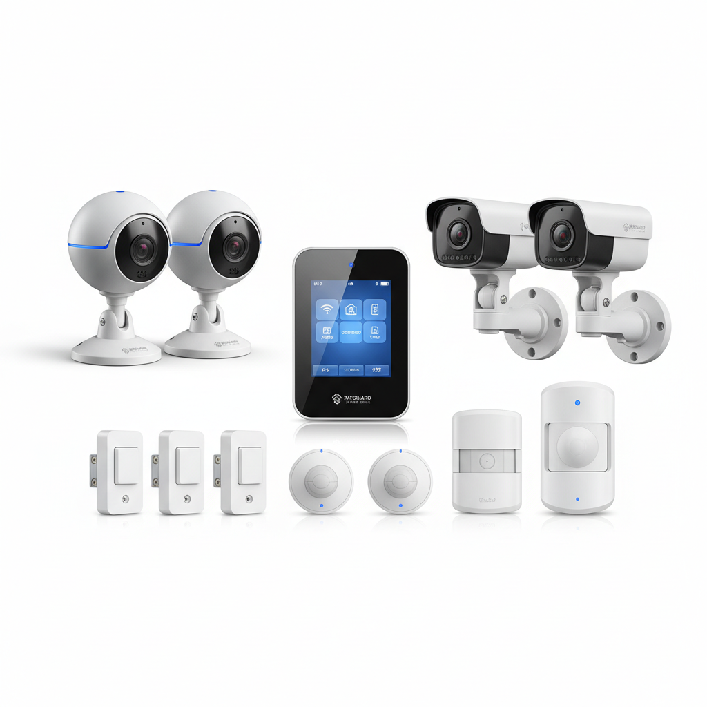 Modern home security system kit with cameras and control panel on white background