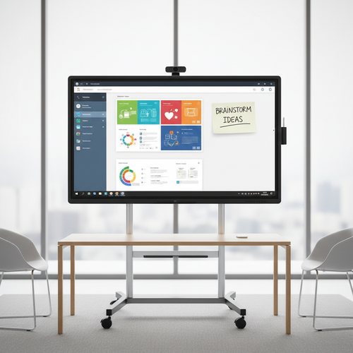 Large interactive whiteboard touchscreen display on a stand against white background
